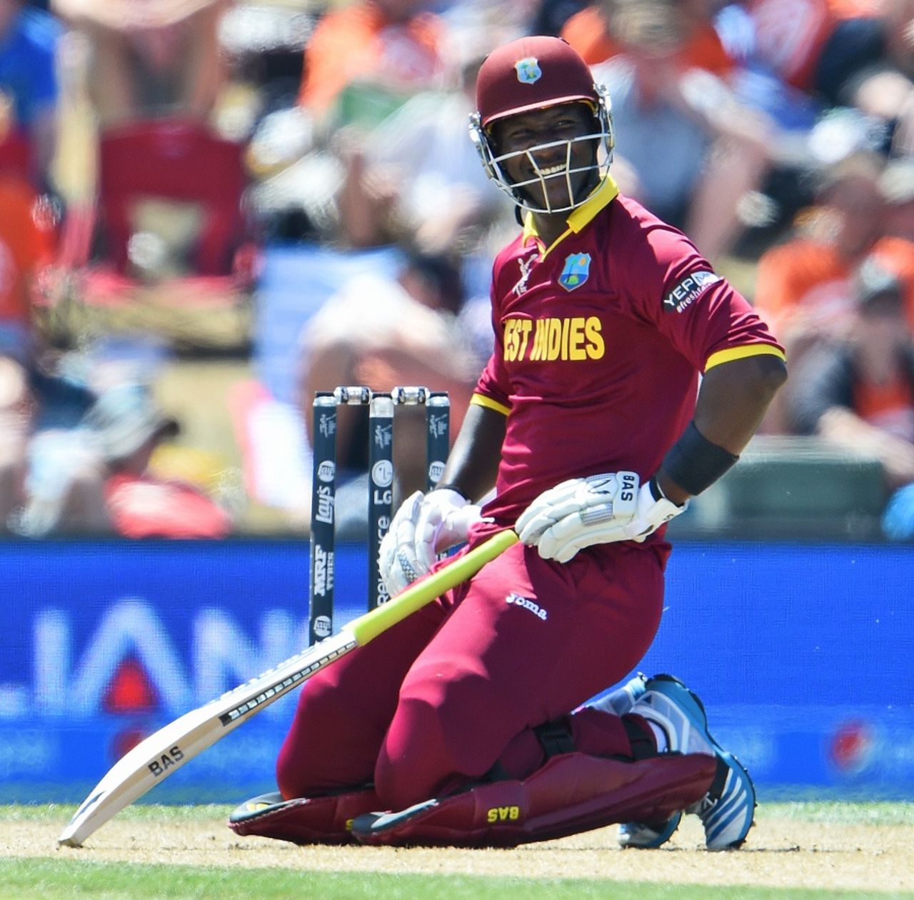 Darren Sammy sports a wry smile after evading a bouncer, Pakistan v West Indies, World Cup 2015, Group B, Christchurch, February 21, 2015