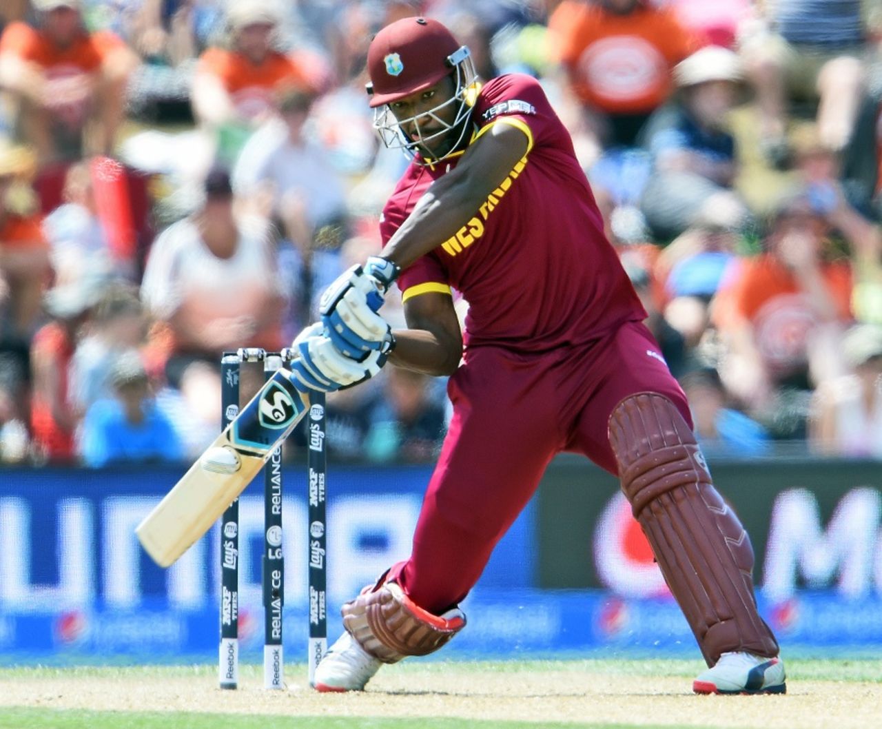 Andre Russell prepares to flay one through the off side, Pakistan v West Indies, World Cup 2015, Group B, Christchurch, February 21, 2015