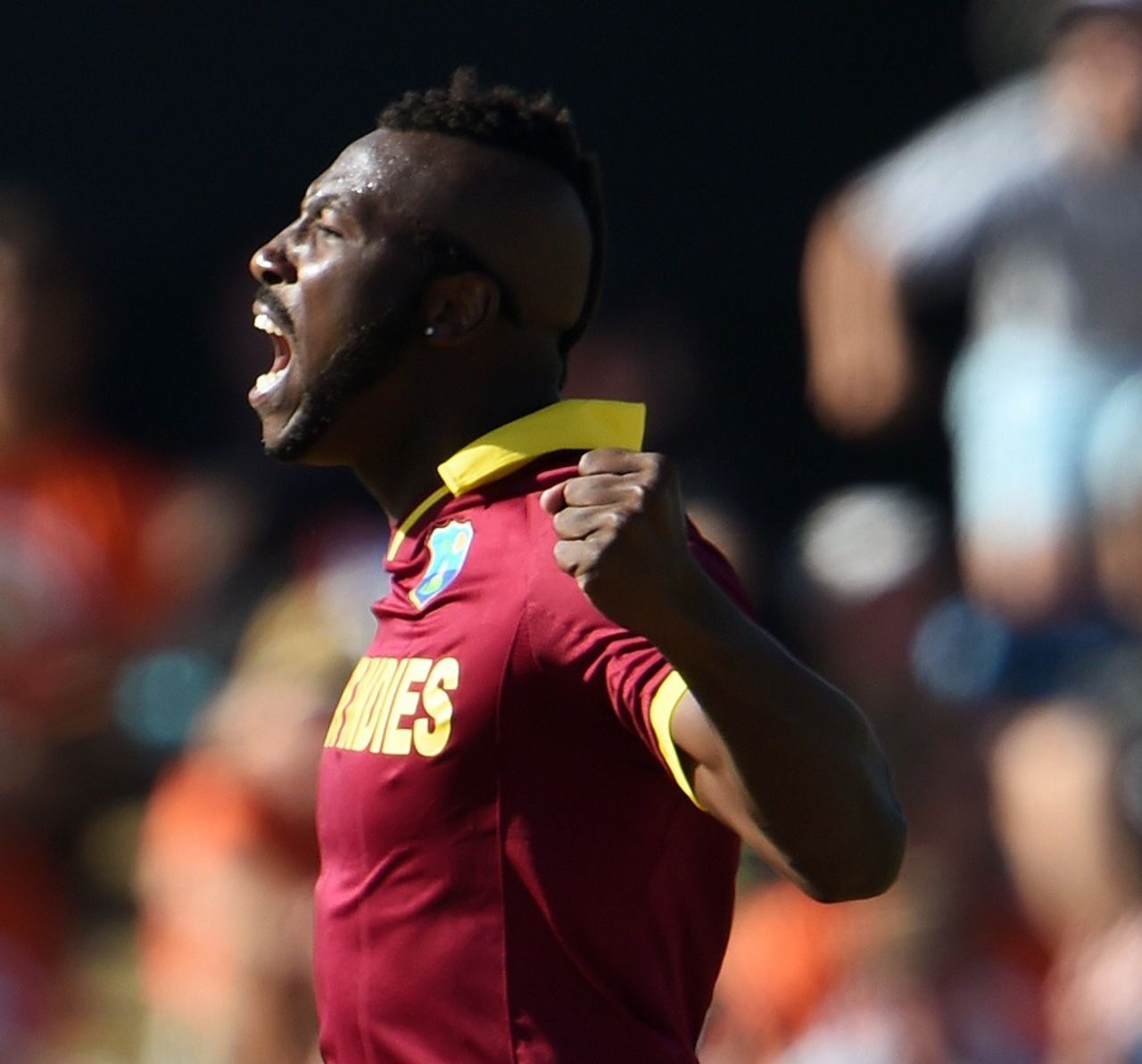 Andre Russell lets out a roar after taking a wicket, Pakistan v West Indies, World Cup 2015, Group B, Christchurch, February 21, 2015