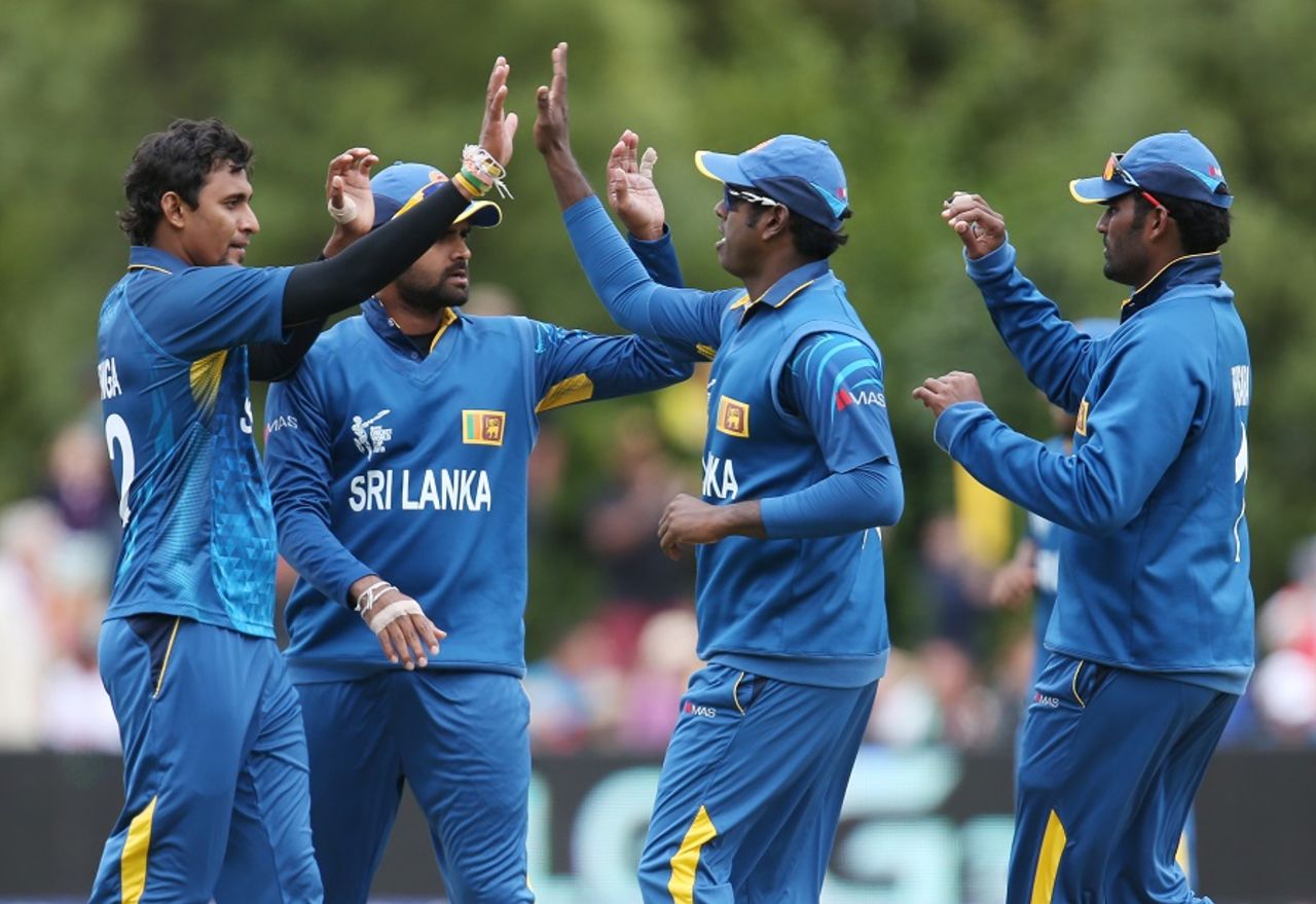 Suranga Lakmal celebrates Najibullah Zadran's wicket, Afghanistan v Sri Lanka, World Cup 2015, Group A, Dunedin