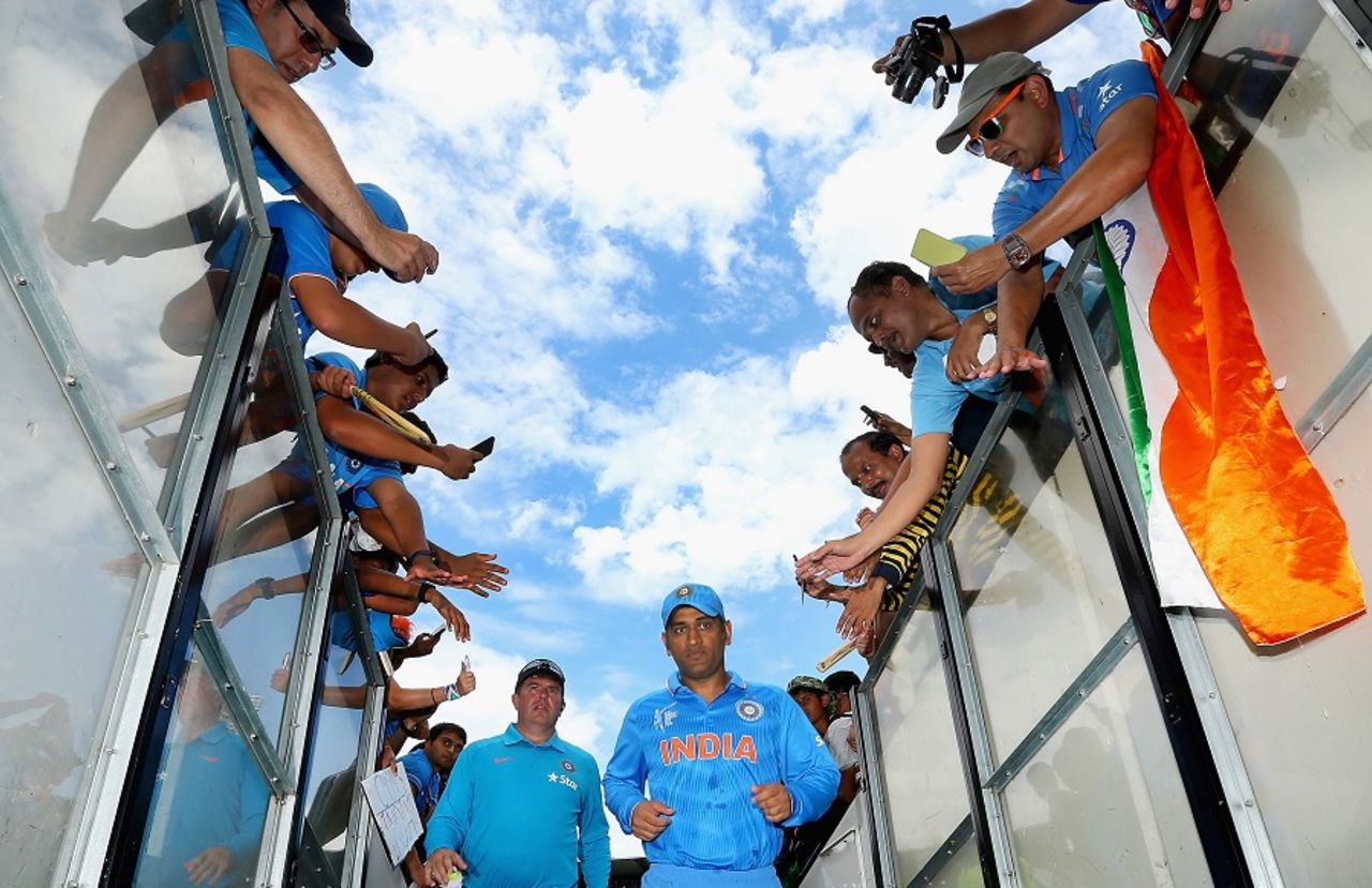 MS Dhoni walks out for the toss, India v South Africa, World Cup 2015, Group B, Melbourne, February 22, 2015