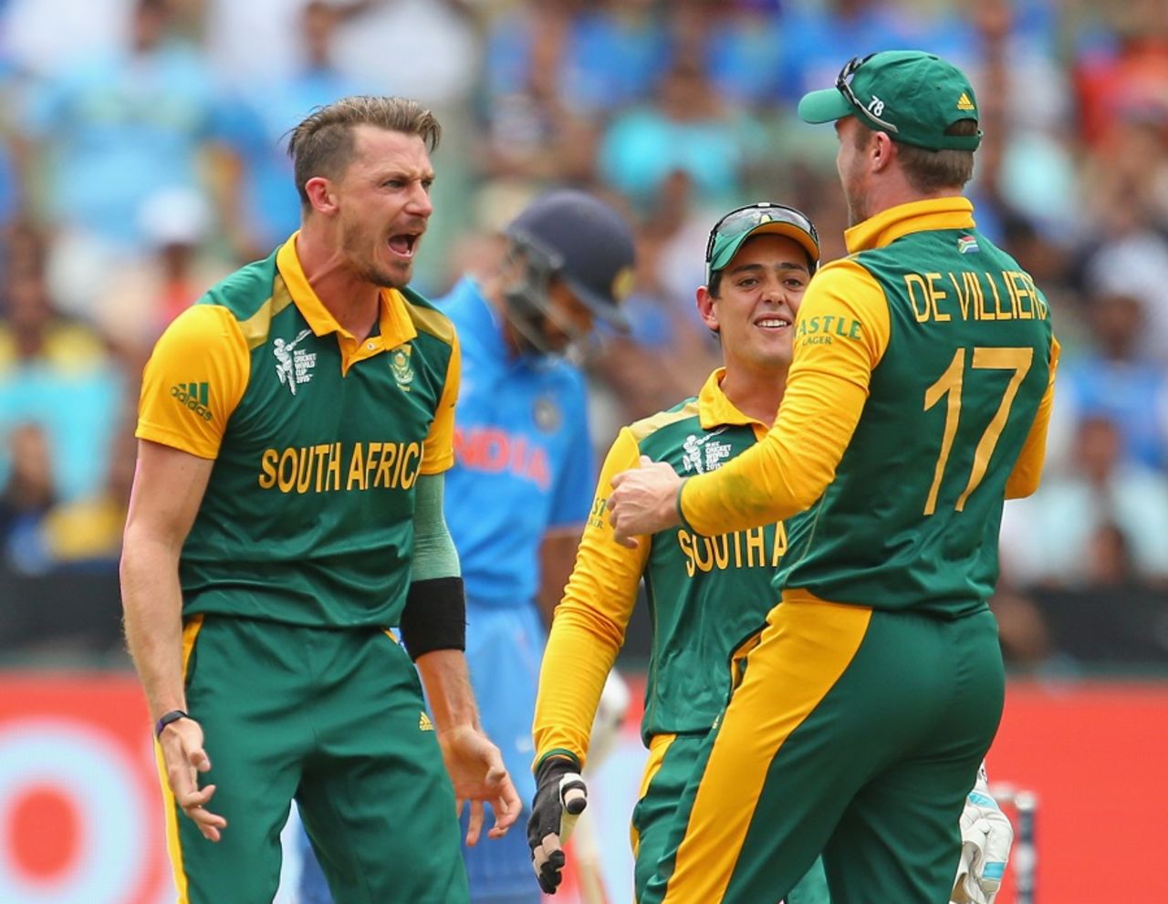 South Africa celebrate after AB de Villiers runs out Rohit Sharma for a duck, India v South Africa, World Cup 2015, Group B, Melbourne, February 22, 2015