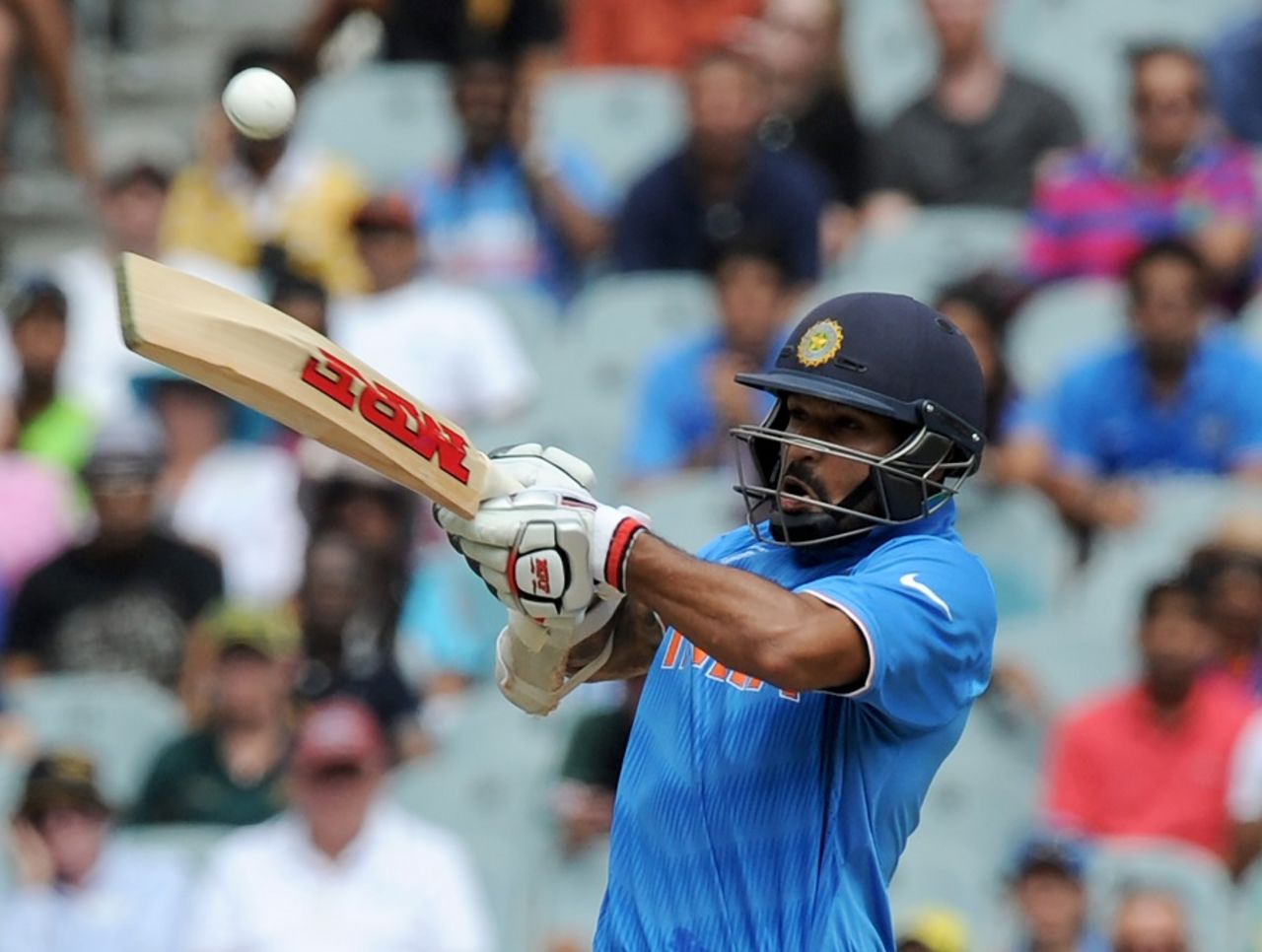 Shikhar Dhawan attempts a pull, India v South Africa, World Cup 2015, Group B, Melbourne, February 22, 2015