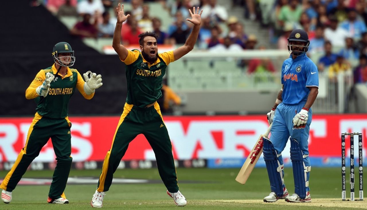 Imran Tahir belts out an appeal for a caught behind, India v South Africa, World Cup 2015, Group B, Melbourne, February 22, 2015