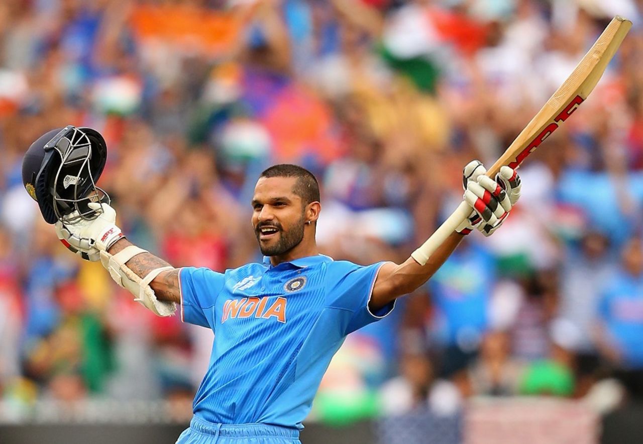 Shikhar Dhawan exults after bringing up his ton, India v South Africa, World Cup 2015, Group B, Melbourne, February 22, 2015