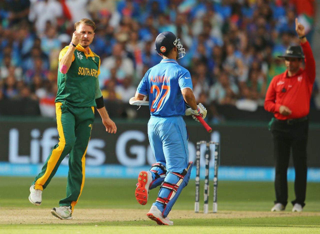 Dale Steyn celebrates the wicket of Ajinkya Rahane, India v South Africa, World Cup 2015, Group B, Melbourne, February 22, 2015