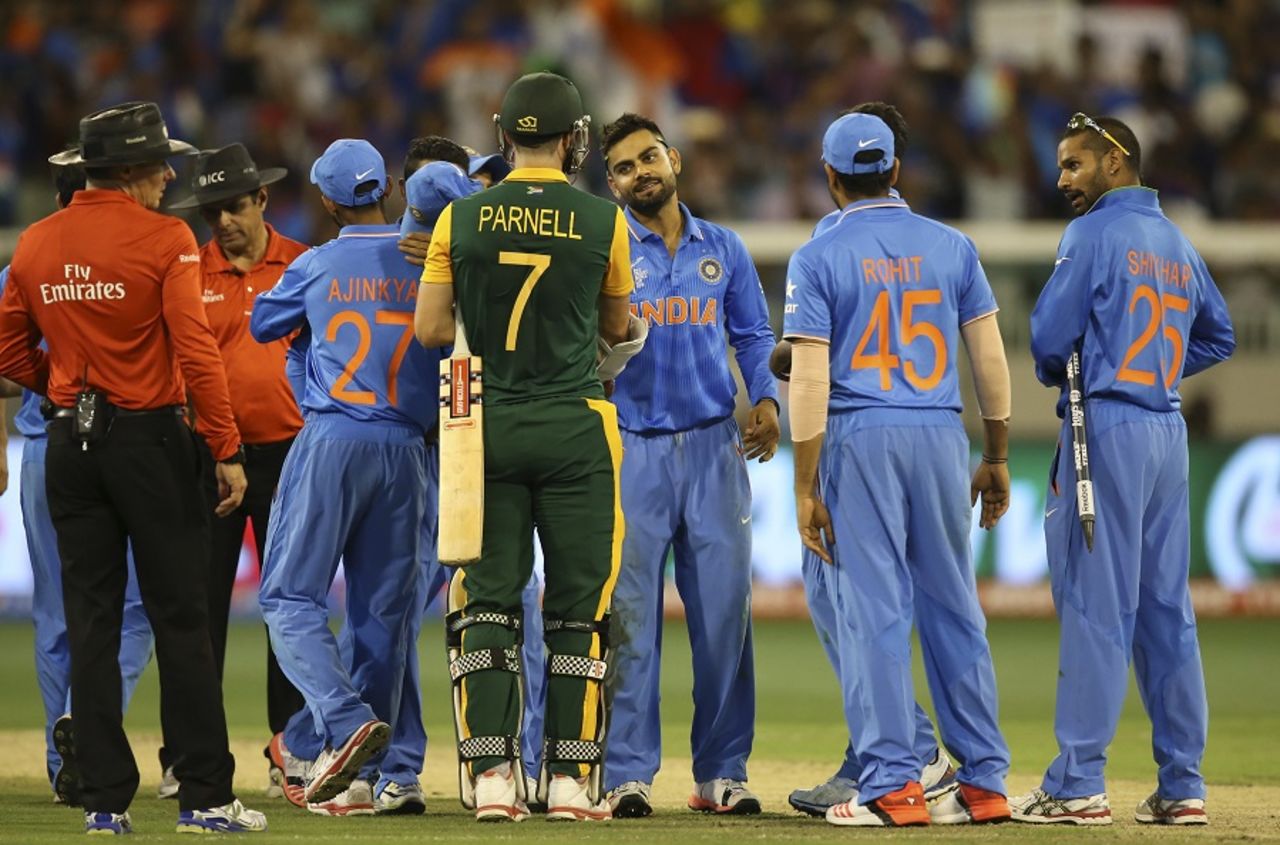 Virat Kohli shakes hands with Wayne Parnell after the match, India v South Africa, World Cup 2015, Group B, Melbourne, February 22, 2015