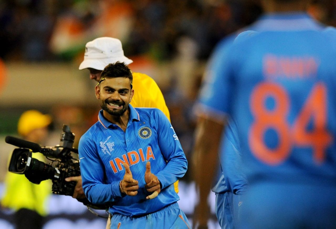 Thumbs up: Virat Kohli rejoices after India's crushing win, India v South Africa, World Cup 2015, Group B, Melbourne, February 22, 2015