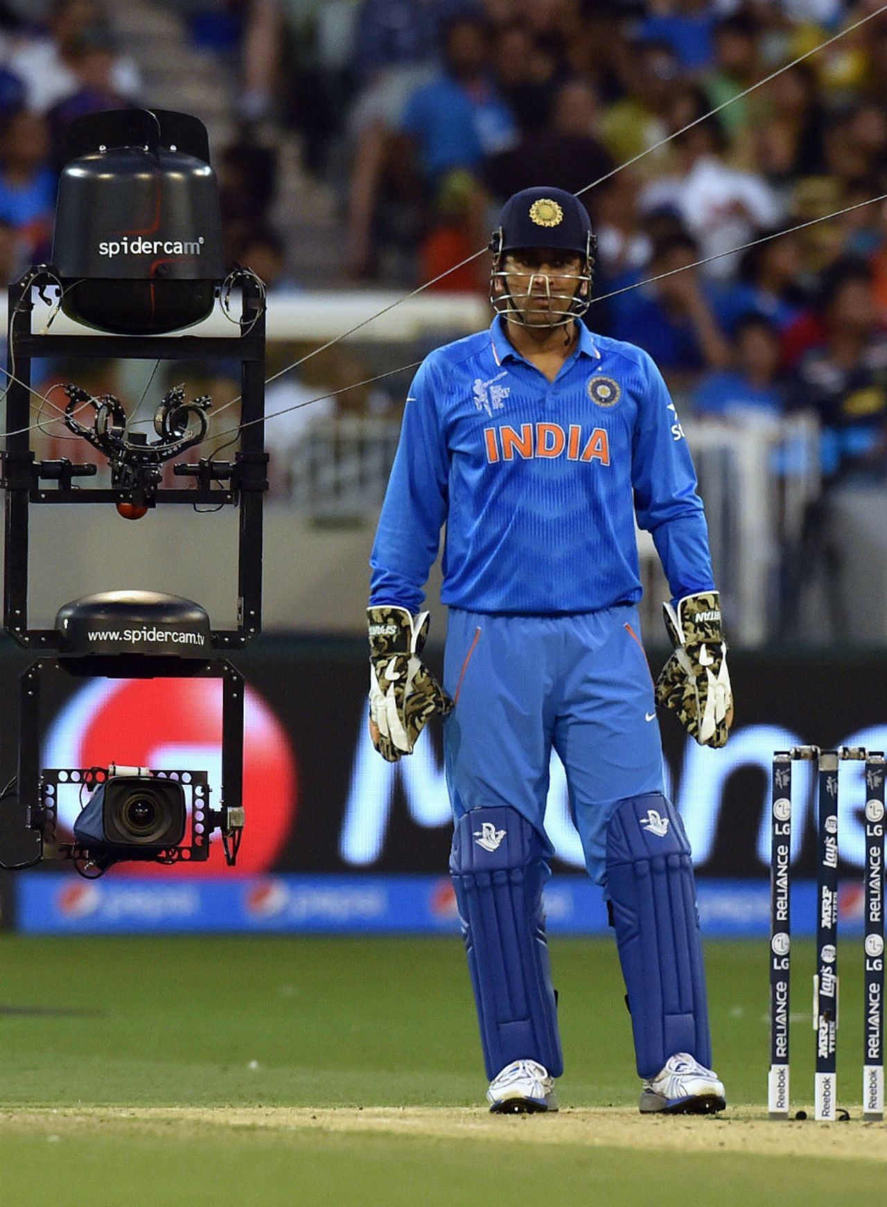 You talking to me? The spider cam catches up with MS Dhoni, India v South Africa, World Cup 2015, Group B, Melbourne, February 22, 2015