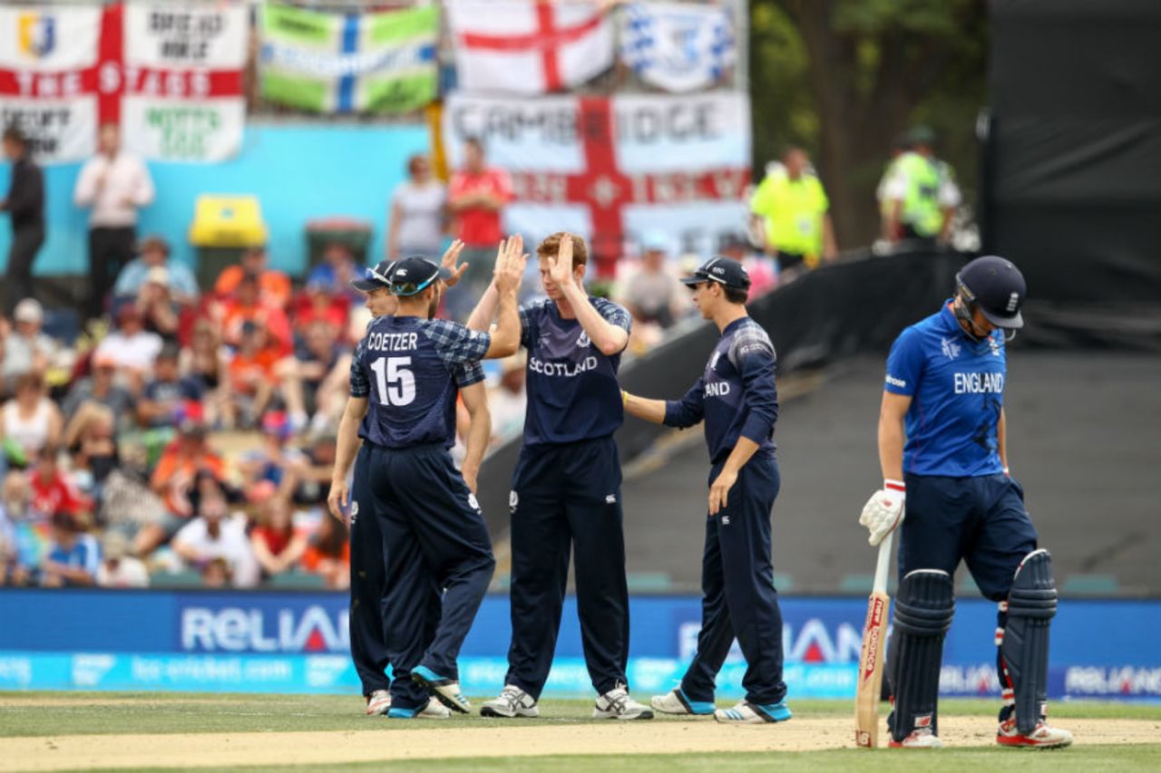 Gary Ballance walks off after chopping a Alasdair Evans delivery onto his stumps, England v Scotland, World Cup 2015, Group A, Christchurch, February 23, 2015