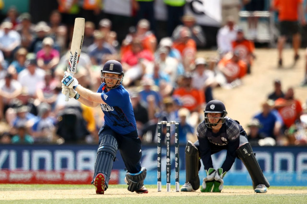 Eoin Morgan lines up to play a reverse sweep, England v Scotland, World Cup 2015, Group A, Christchurch, February 23, 2015