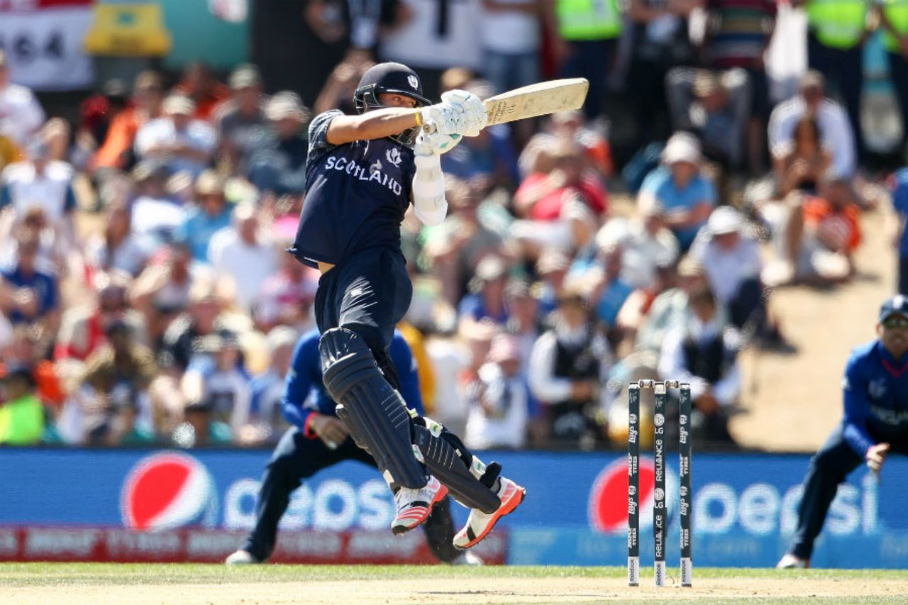Freddie Coleman jumps to play a rising delivery, England v Scotland, World Cup 2015, Group A, Christchurch, February 23, 2015