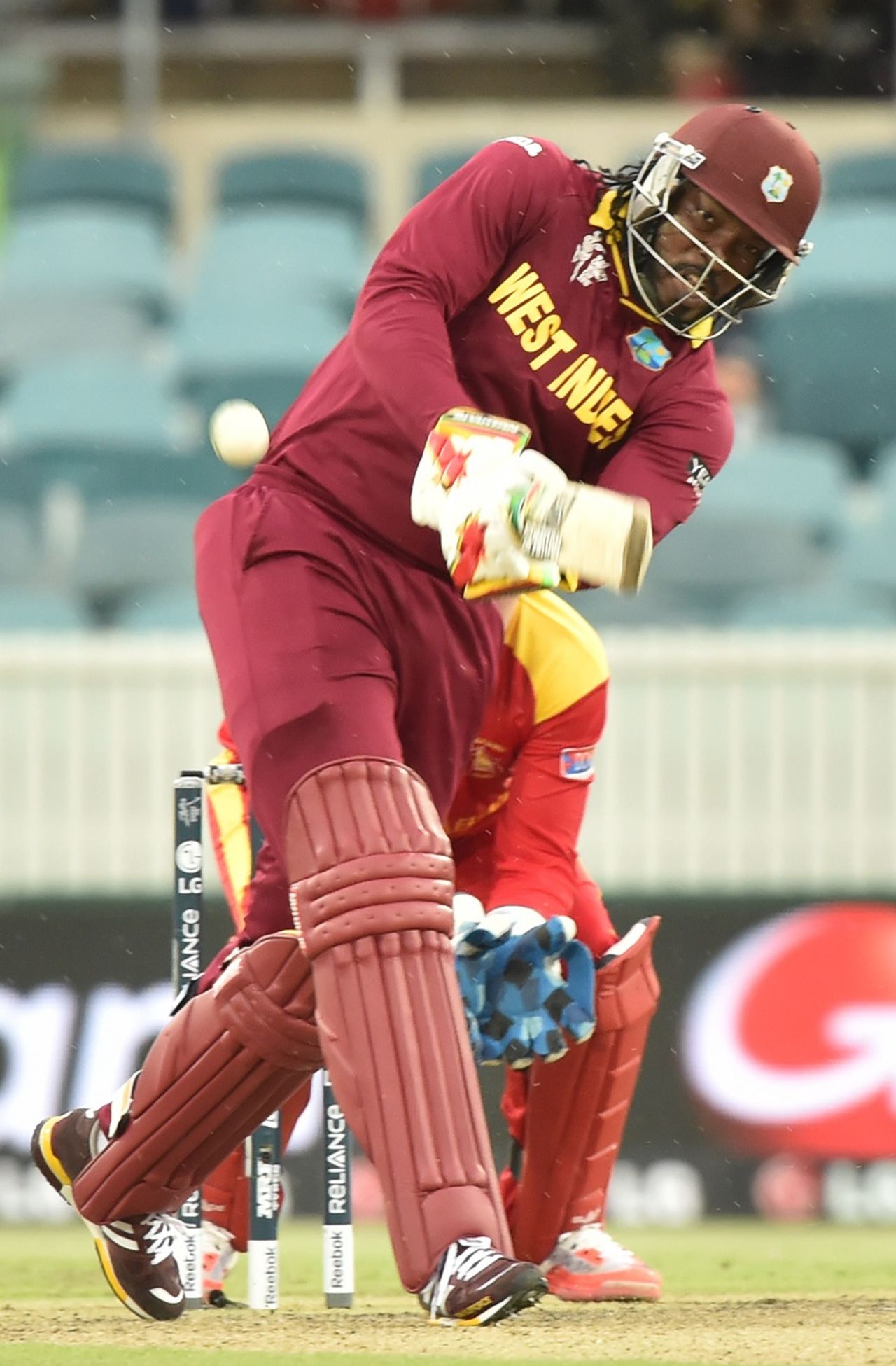 Chris Gayle hits out during his whirlwind knock, West Indies v Zimbabwe, World Cup 2015, Group B, Canberra, February 24, 2015