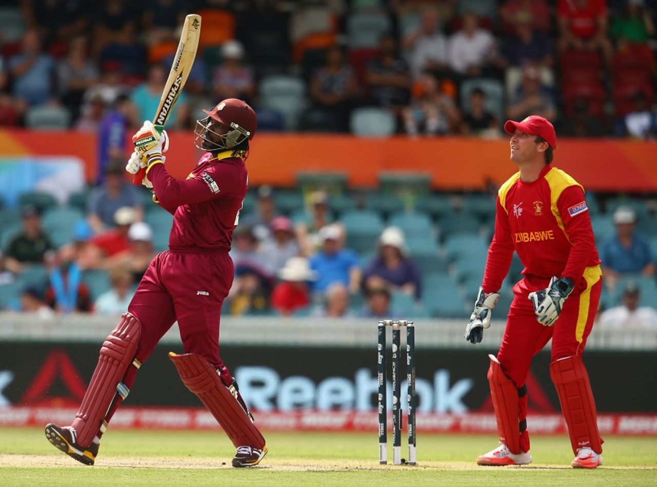 Chris Gayle wallops one over the leg side, West Indies v Zimbabwe, World Cup 2015, Group B, Canberra, February 24, 2015
