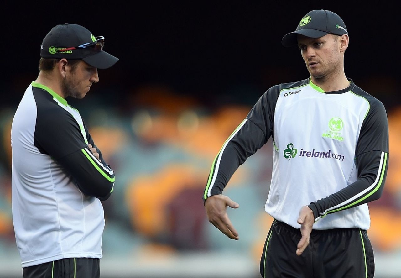 William Porterfield and Paul Stirling discuss plans during practice, World Cup 2015, Brisbane, February 24, 2015