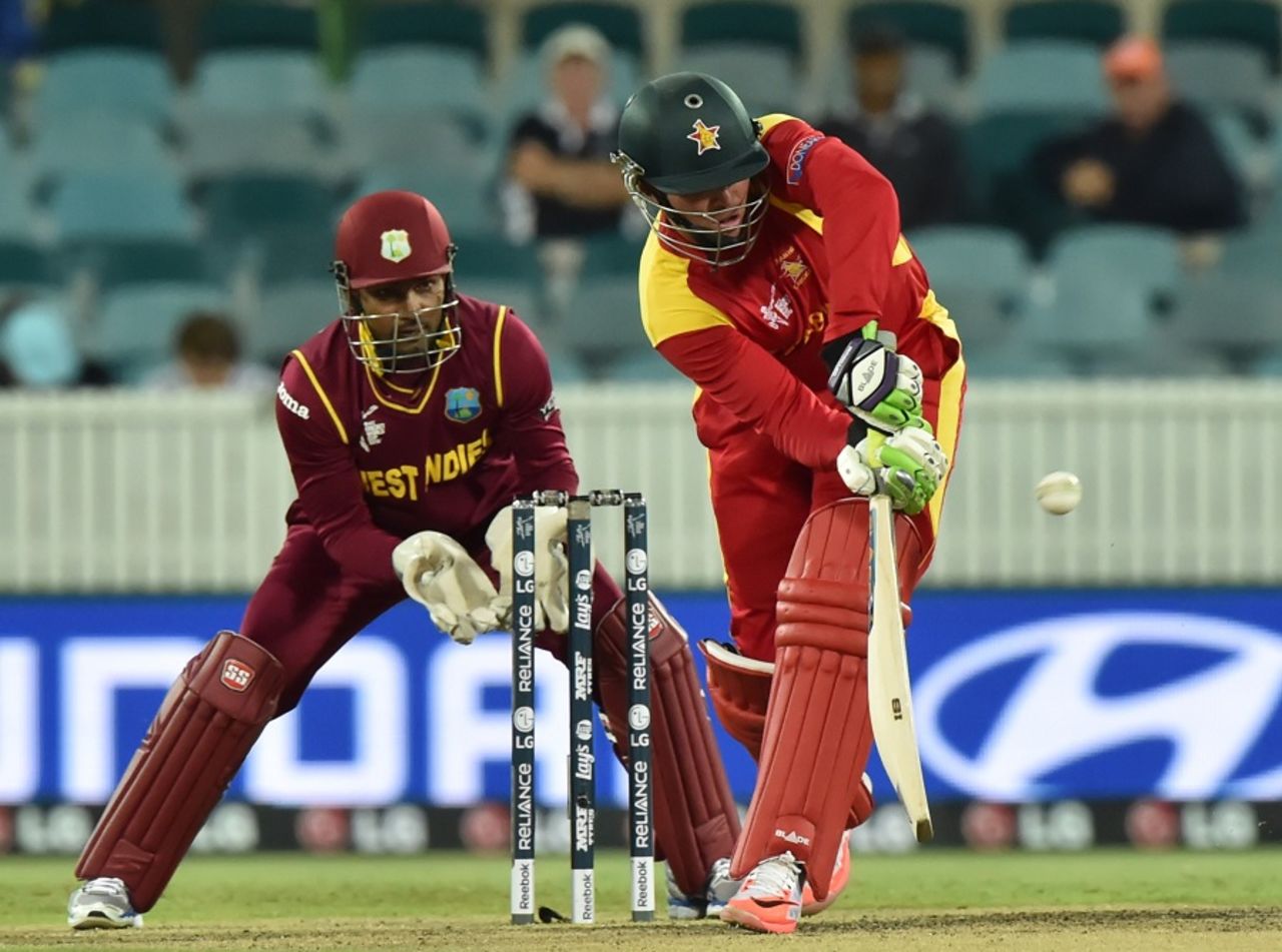 Brendan Taylor nudges the ball to the leg side, West Indies v Zimbabwe, World Cup 2015, Group B, Canberra, February 24, 2015