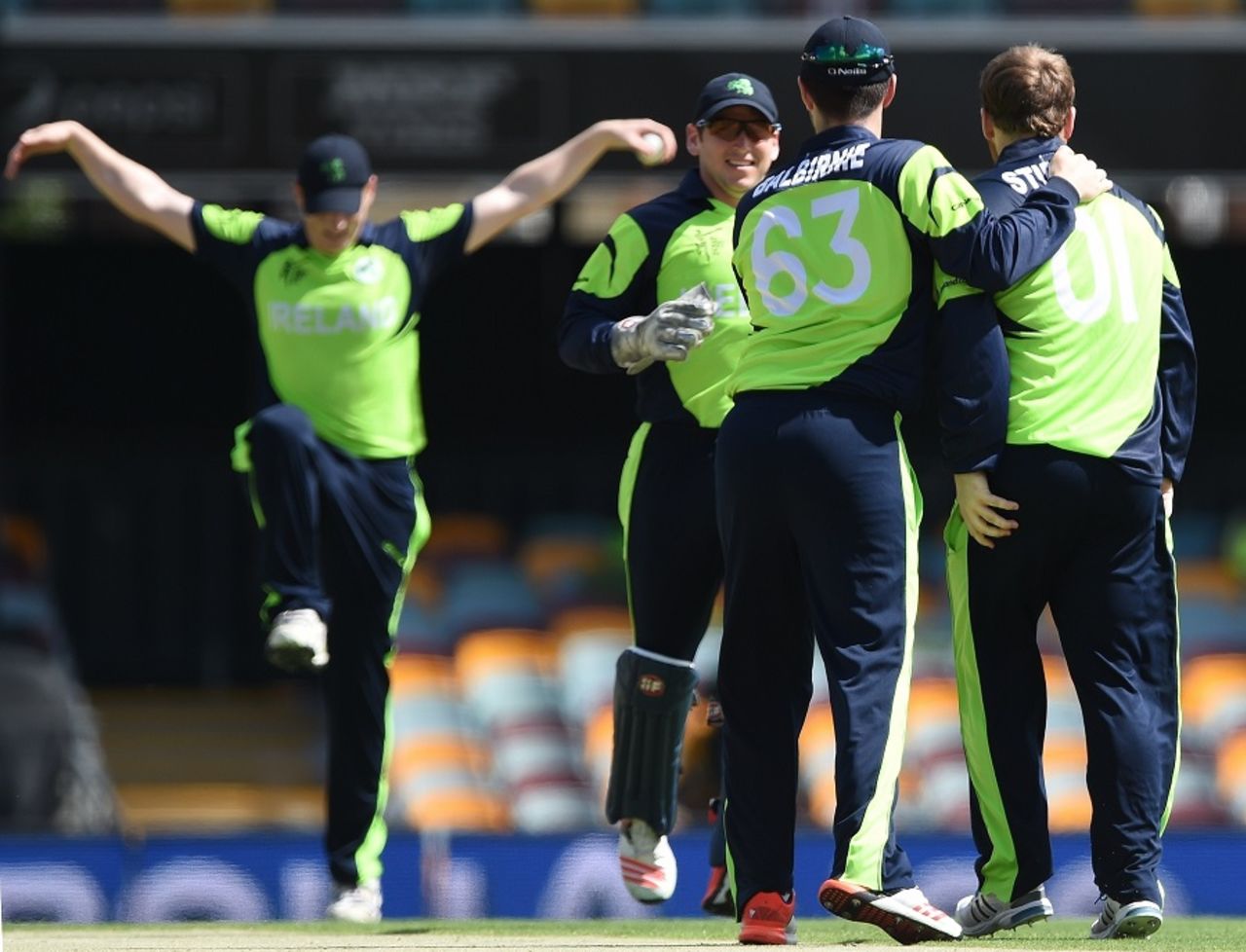 Ireland celebrate the wicket of Krishna Chandran, Ireland v UAE, World Cup 2015, Group B, Brisbane, February 25, 2015