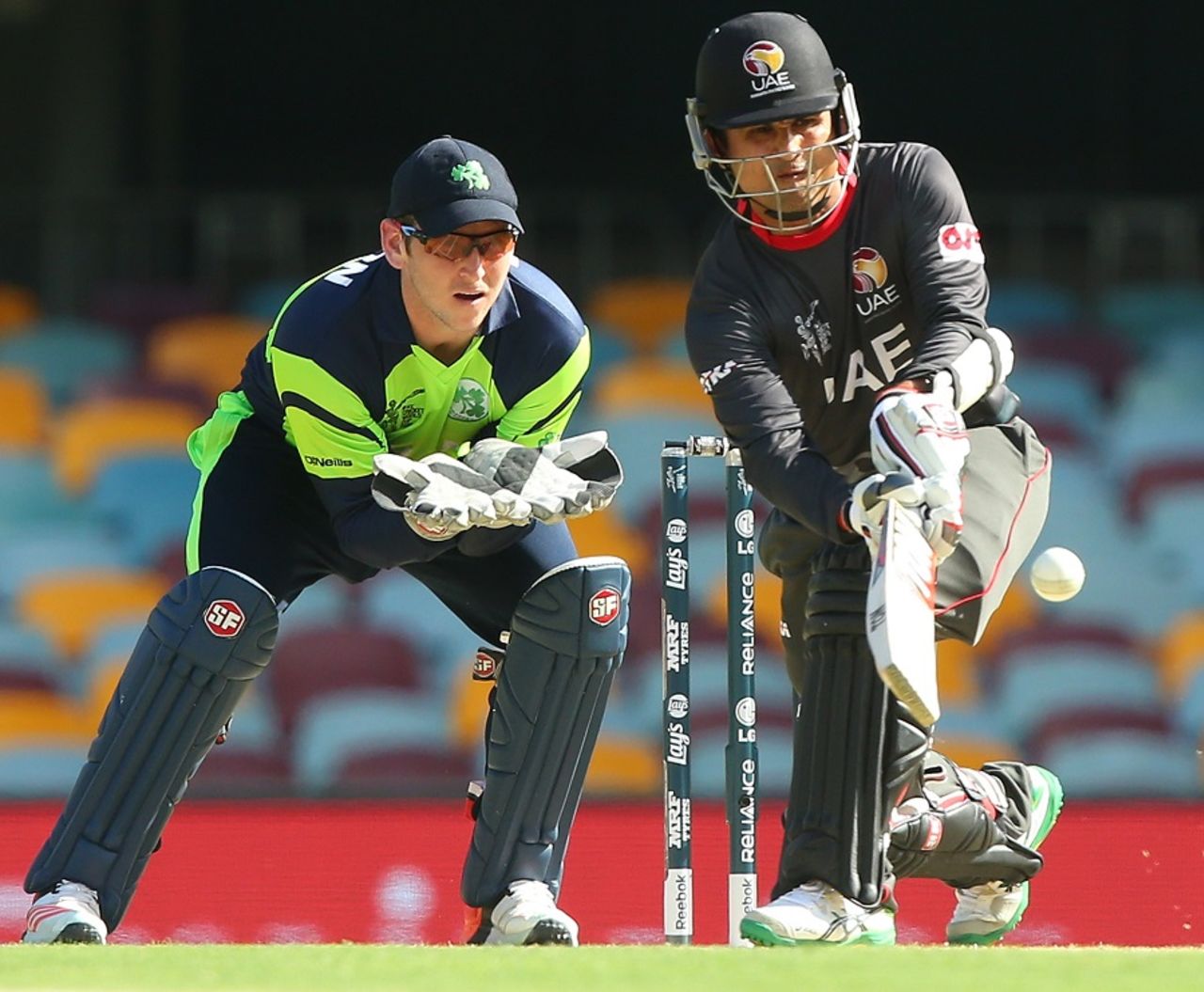 Shaiman Anwar prepares to play a lap sweep, Ireland v UAE, World Cup 2015, Group B, Brisbane, February 25, 2015