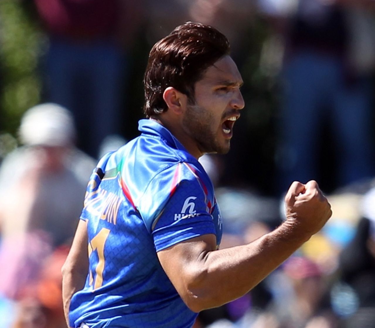 Gulbadin Naib is pumped after removing Preston Mommsen, Afghanistan v Scotland, World Cup 2015, Group A, Dunedin, February 26, 2015