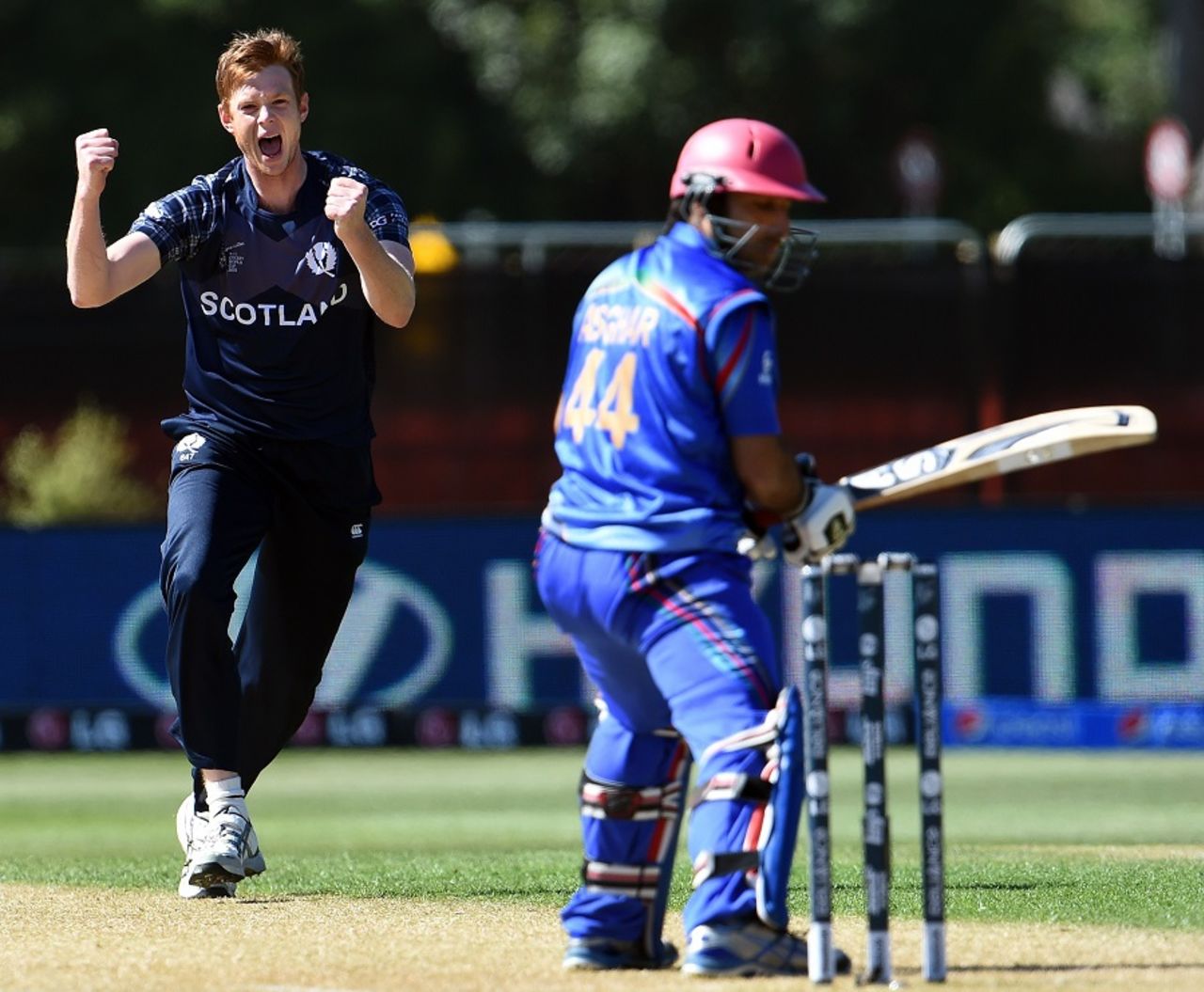 Alasdair Evans is delighted after having Asghar Stanikzai caught behind, Afghanistan v Scotland, World Cup 2015, Group A, Dunedin, February 26, 2015 
