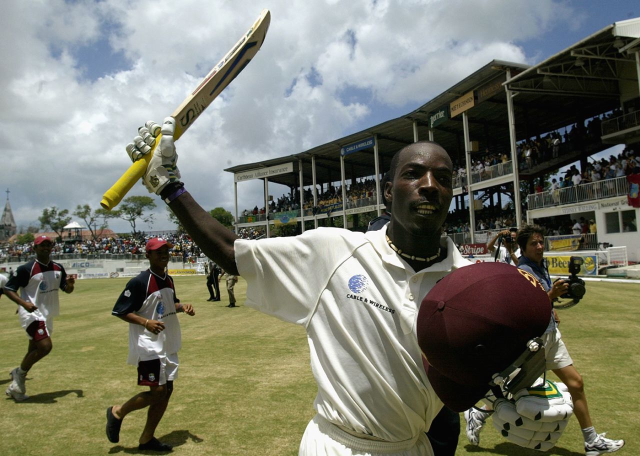 Vasbert Drakes celebrates the win, West Indies v Australia, 4th Test, St John's, 5th day, May 13, 2003