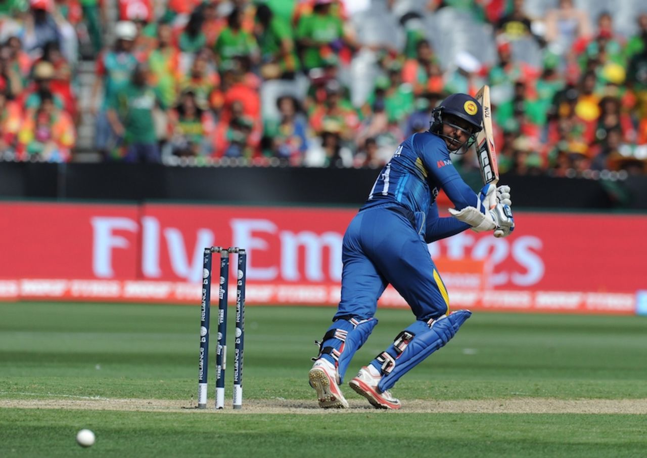 Kumar Sangakkara tucks the ball fine, Bangladesh v Sri Lanka, World Cup 2015, Group A, Melbourne, February 26, 2015