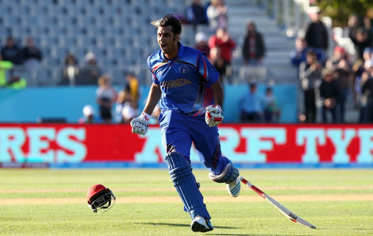 Shapoor Zadran reacts after hitting the winnings runs, Afghanistan v Scotland, World Cup 2015, Group A, Dunedin, February 26, 2015
