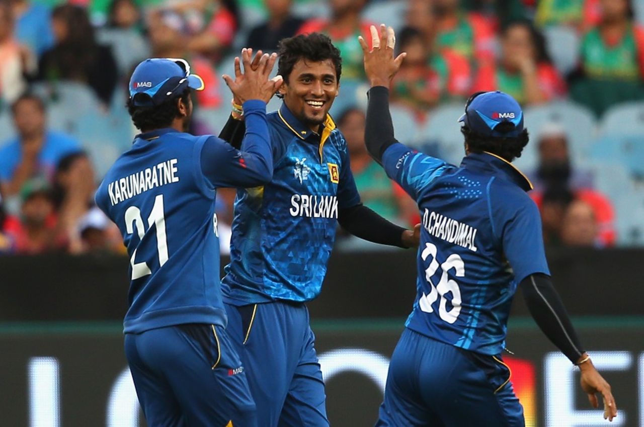 Suranga Lakmal is overjoyed after dismissing Mominul Haque, Bangladesh v Sri Lanka, World Cup 2015, Group A, Melbourne, February 26, 2015