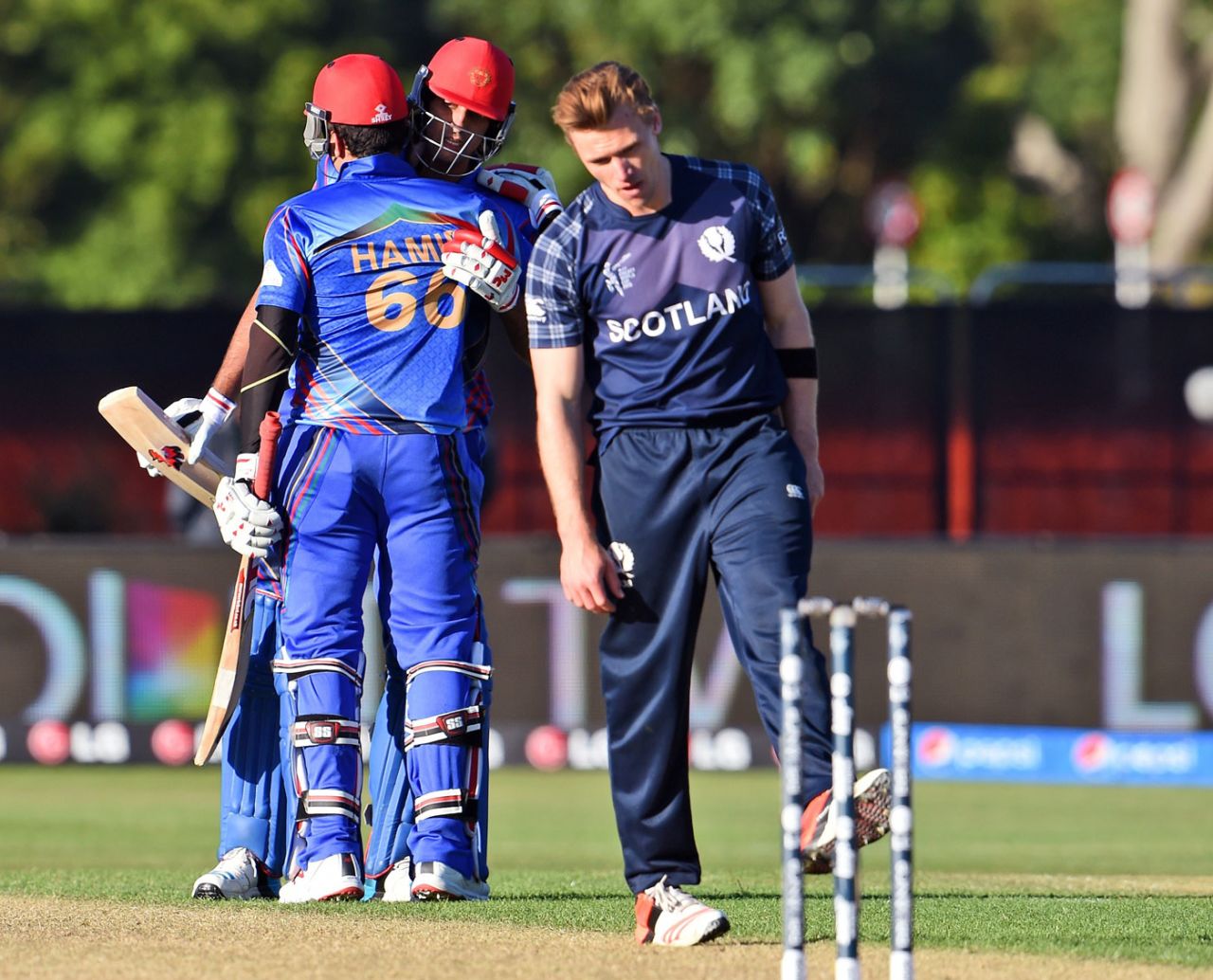 Richie Berrington looks in dejection as Hamid Hassan and Shapoor Zadran celebrate, Afghanistan v Scotland, World Cup 2015, Group A, Dunedin, February 26, 2015