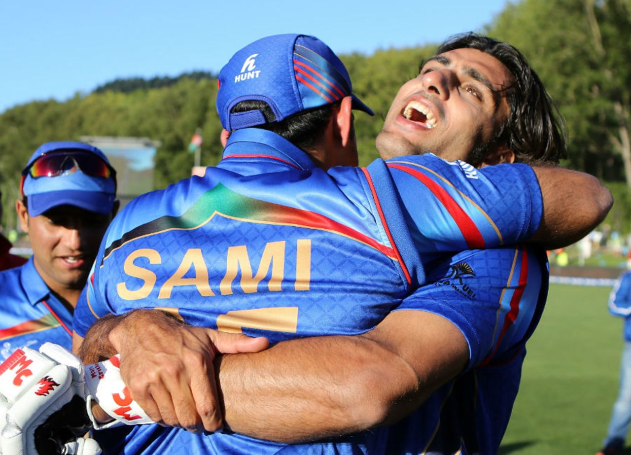 Samiullah Shenwari and Shapoor Zadran erupt in celebration, Afghanistan v Scotland, World Cup 2015, Group A, Dunedin, February 26, 2015