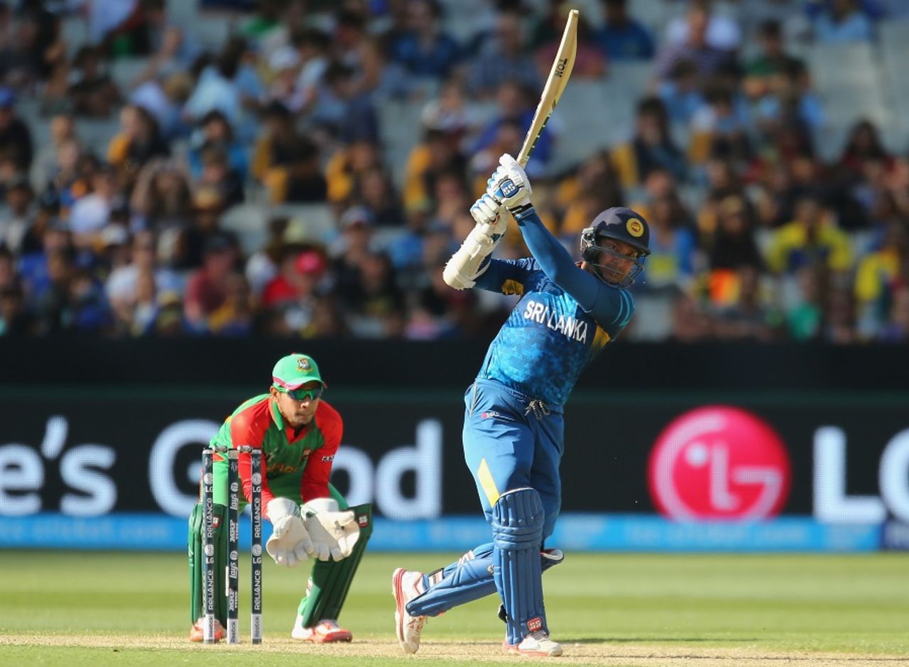 Kumar Sangakkara charges on the way to his fastest ODI hundred, Bangladesh v Sri Lanka, World Cup 2015, Group A, Melbourne, February 26, 2015