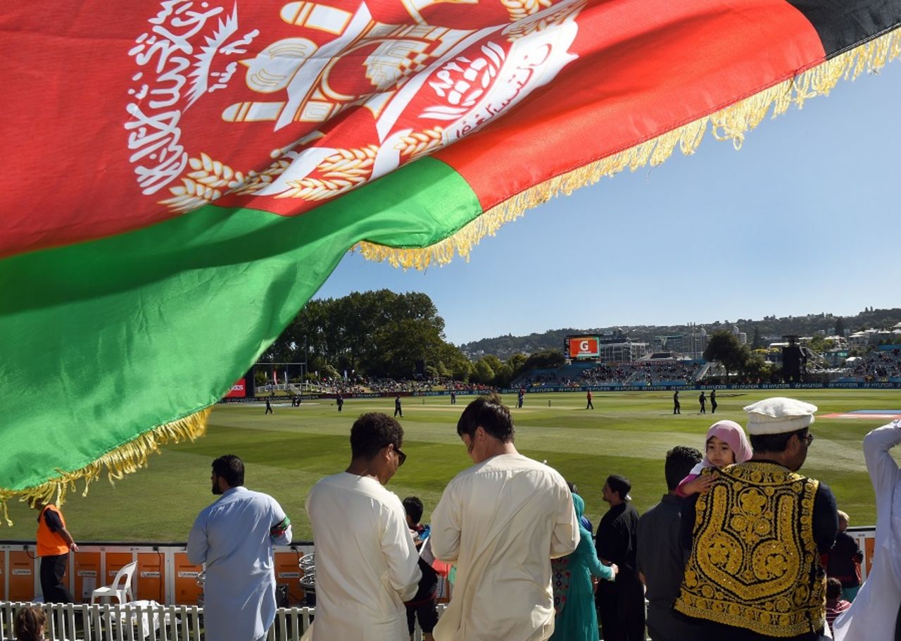 The Afghanistan flag is aloft after their maiden World Cup win, Afghanistan v Scotland, World Cup 2015, Group A, Dunedin, February 26, 2015