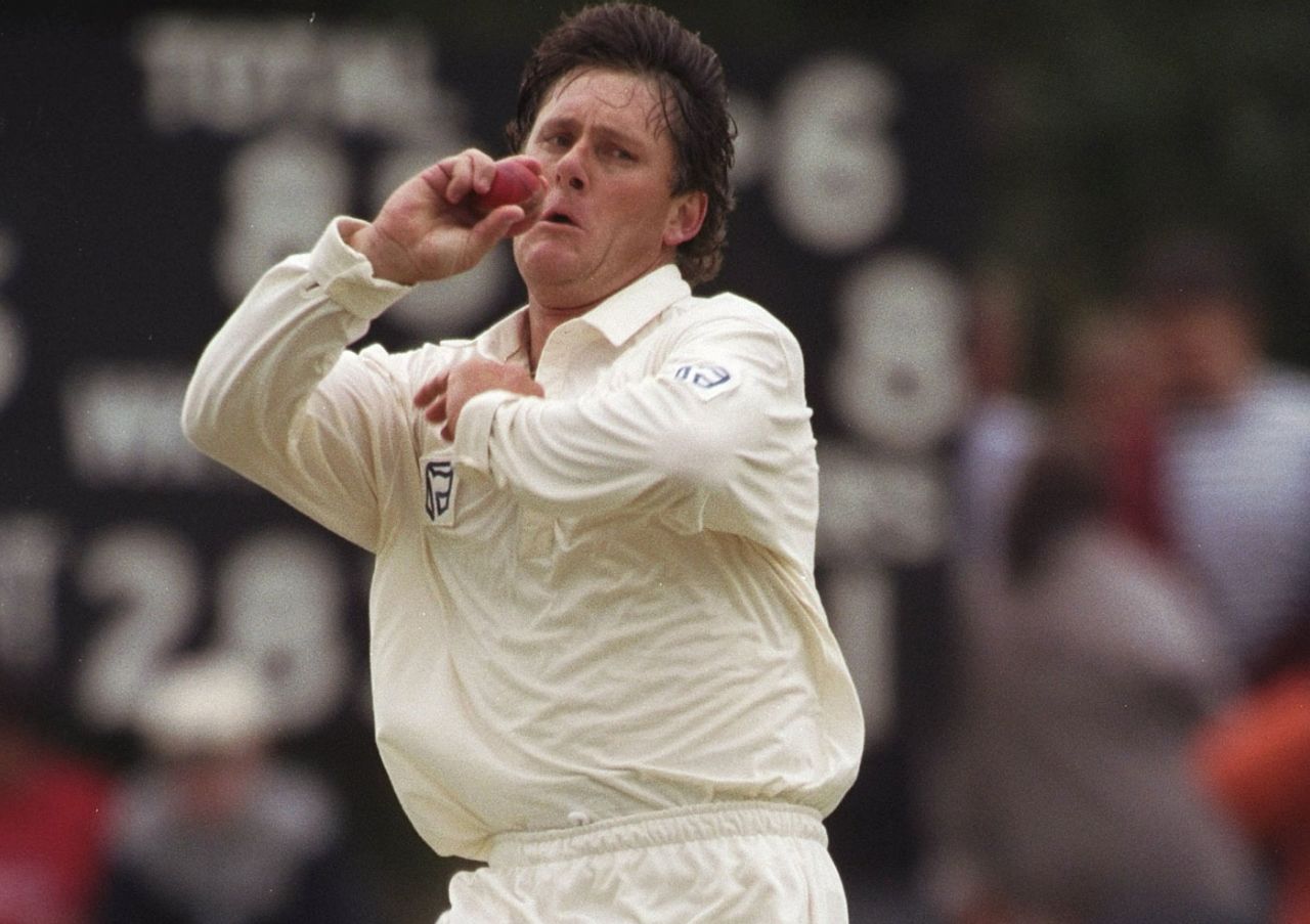 Brian McMillan bowls in a tour game, Minor Counties v South Africans, Stone, May 27, 1998