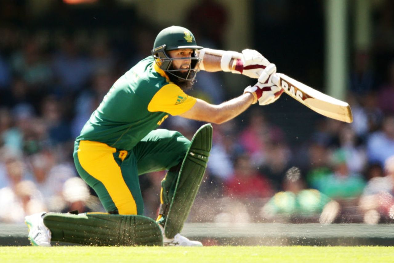Hashim Amla drives on his way to a half-century, South Africa v West Indies, World Cup 2015, Group B, Sydney, February 27, 2015
