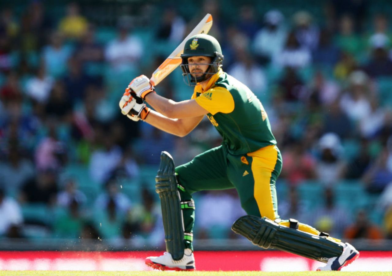 Rilee Rossouw brought up his fifty with an extravagant six over point, South Africa v West Indies, World Cup 2015, Group B, Sydney, February 27, 2015