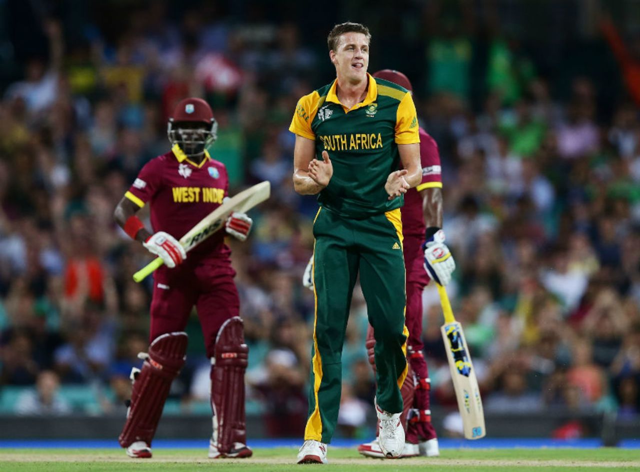 Morne Morkel celebrates the wicket of Jonathan Carter, South Africa v West Indies, World Cup 2015, Group B, Sydney, February 27, 2015