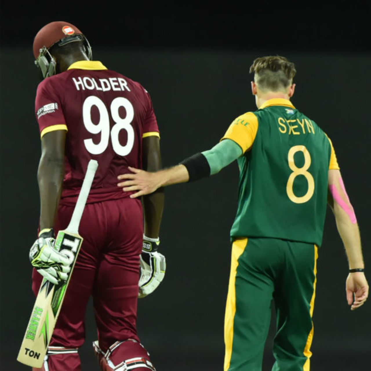 Dale Steyn pats Jason Holder on the back for his 48-ball 56, South Africa v West Indies, World Cup 2015, Group B, Sydney, February 27, 2015