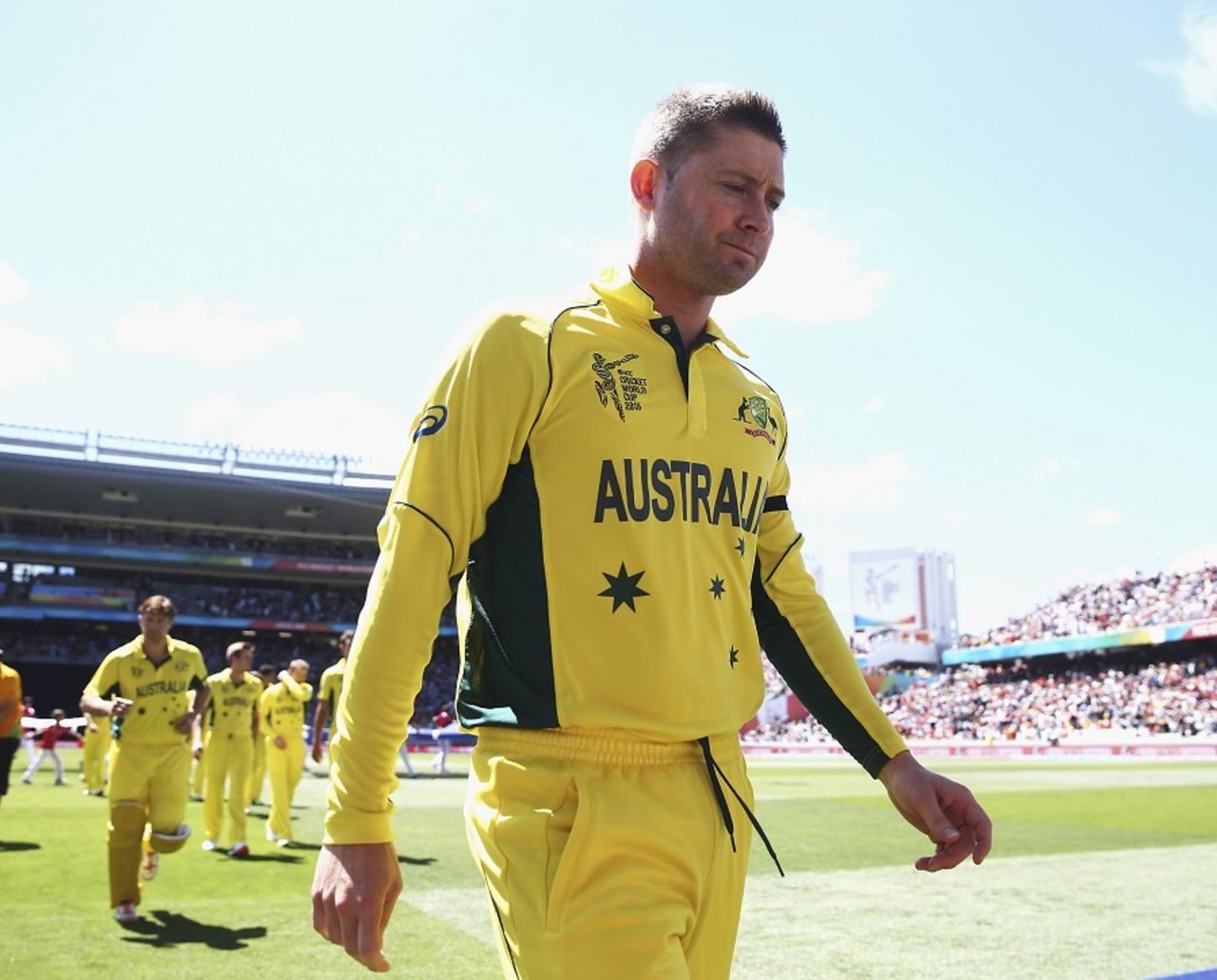 Michael Clarke leads his team onto the field, New Zealand v Australia, World Cup 2015, Group A, Auckland, February 28, 2015
