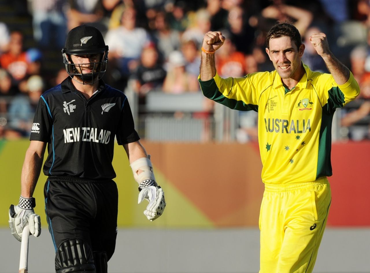 Glenn Maxwell exults after removing Corey Anderson for 26, New Zealand v Australia, World Cup 2015, Group A, Auckland, February 28, 2015