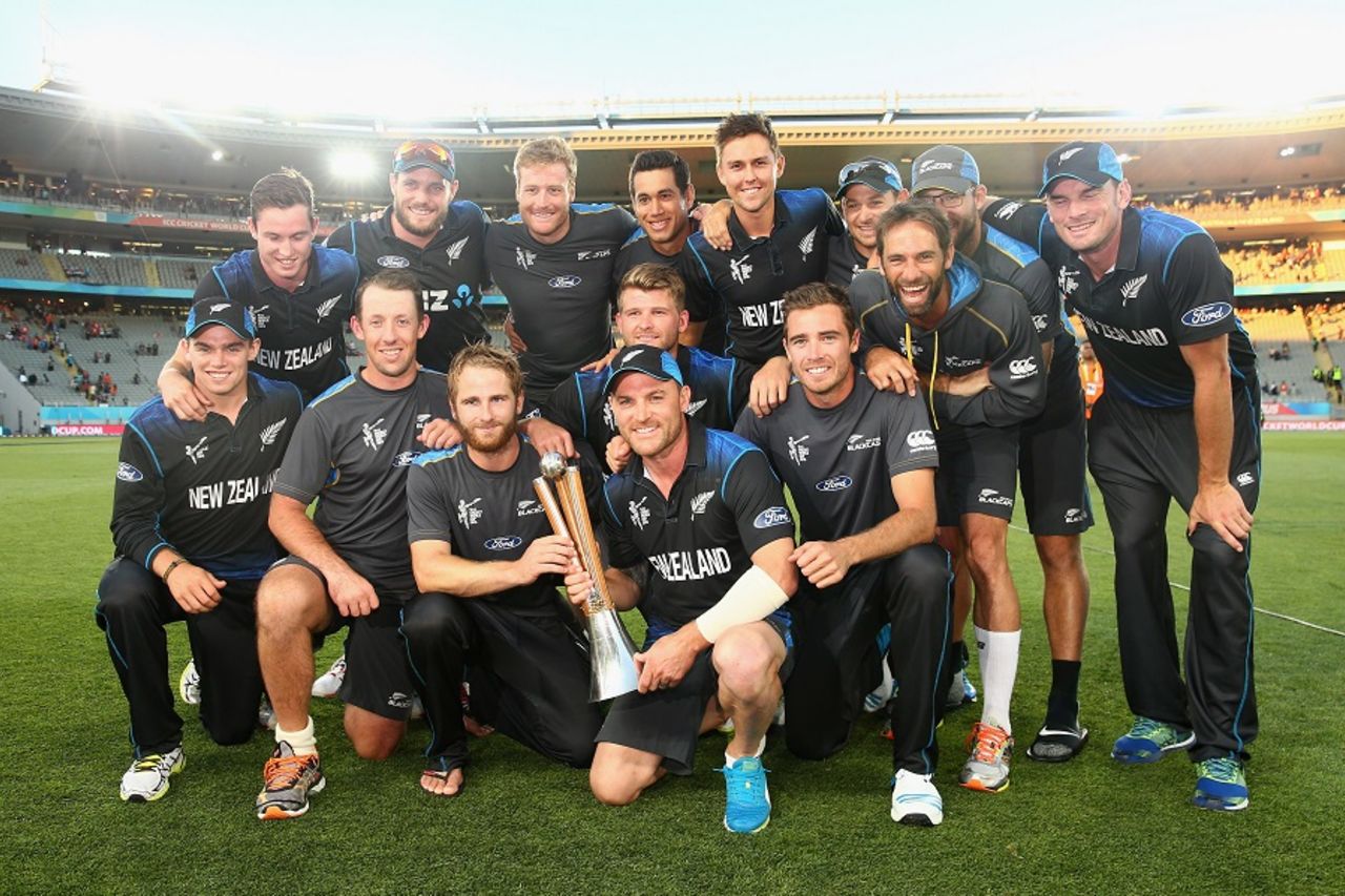 Say cheese: New Zealand pose with the Chappell-Hadlee trophy after edging Australia, New Zealand v Australia, World Cup 2015, Group A, Auckland, February 28, 2015
