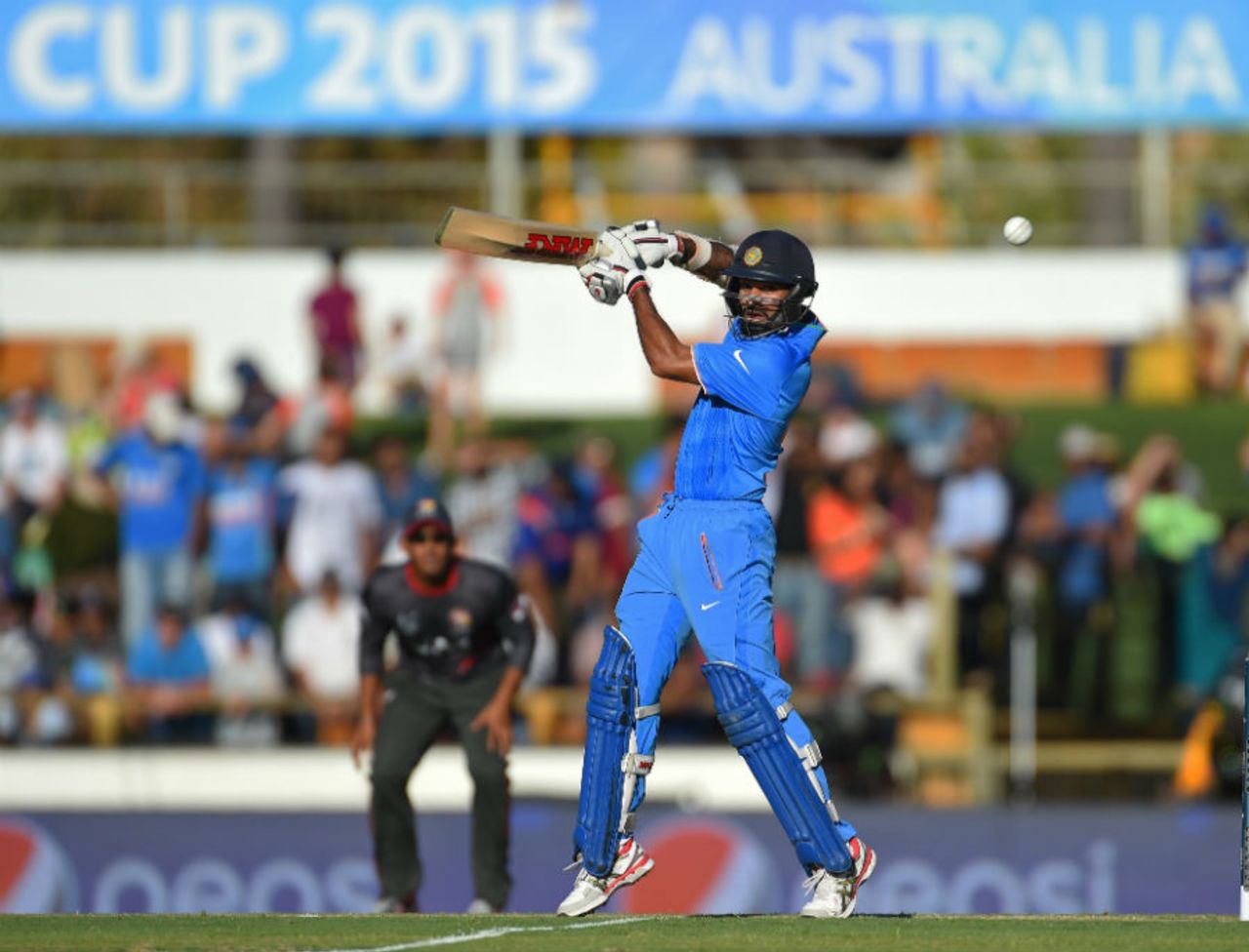 Shikhar Dhawan was caught at point after making 14, India v United Arab Emirates, World Cup 2015, Group B, Perth, February 28, 2015