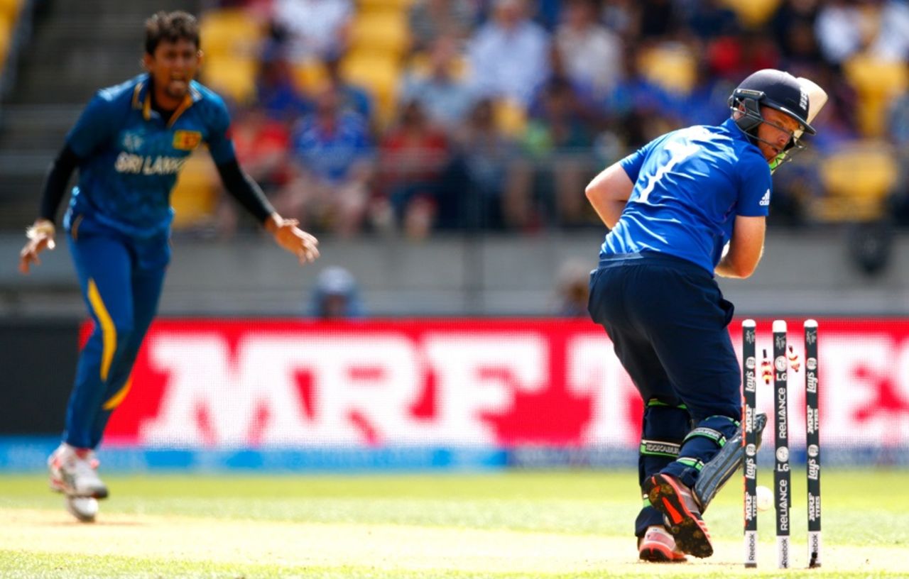 Ian Bell watches the bails light up after he gets an inside edge on to the stumps, England v Sri Lanka, World Cup 2015, Group A, Wellington, March 1, 2015