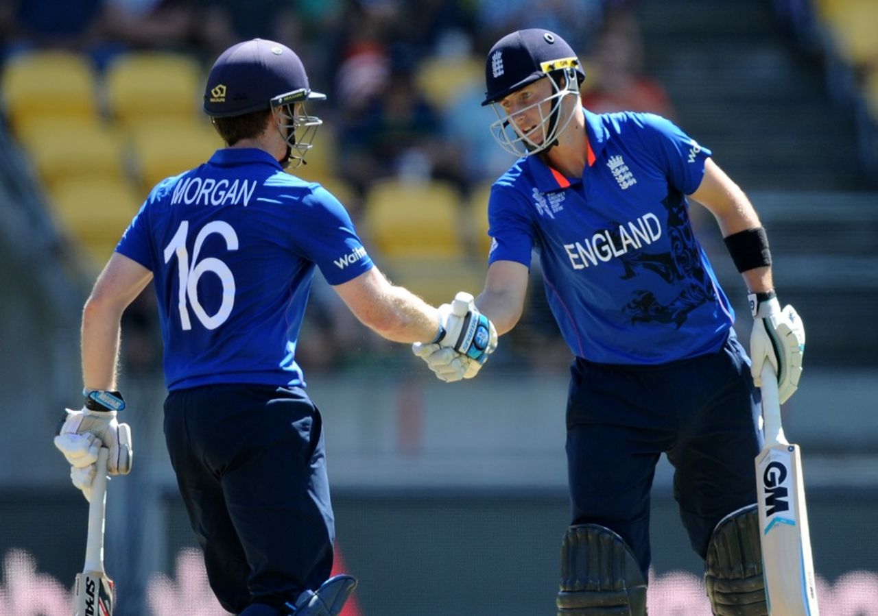 Joe Root is congratulated on his fifty by Eoin Morgan, England v Sri Lanka, World Cup 2015, Group A, Wellington, March 1, 2015