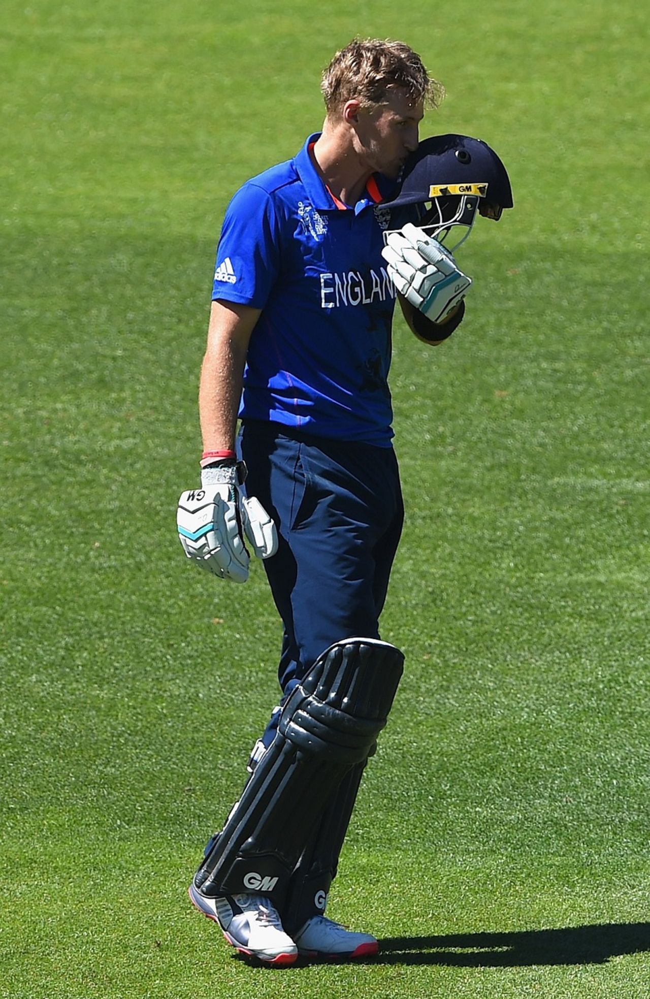 Joe Root kisses his helmet on reaching his fourth century, England v Sri Lanka, World Cup 2015, Group A, Wellington, March 1, 2015