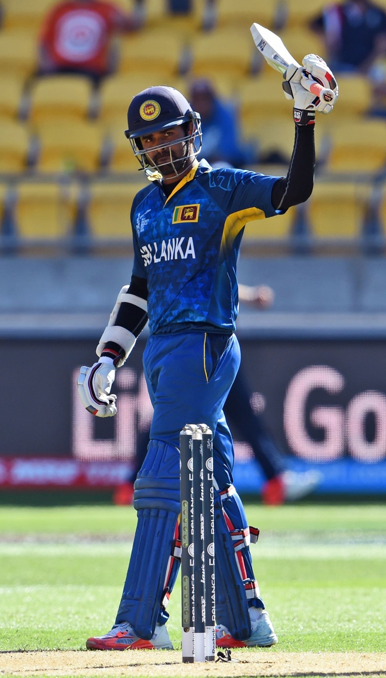 Lahiru Thirimanne raises his bat after bringing up a fifty, England v Sri Lanka, World Cup 2015, Group A, Wellington, March 1, 2015
