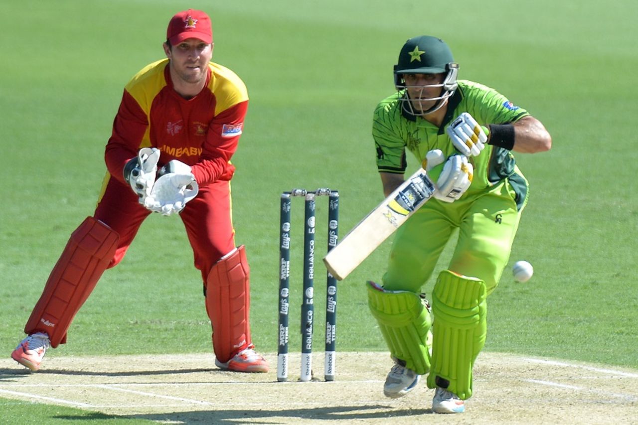 Misbah-ul-Haq pushes the ball onto the off side, Pakistan v Zimbabwe, World Cup 2015, Group B, Brisbane, March 1, 2015