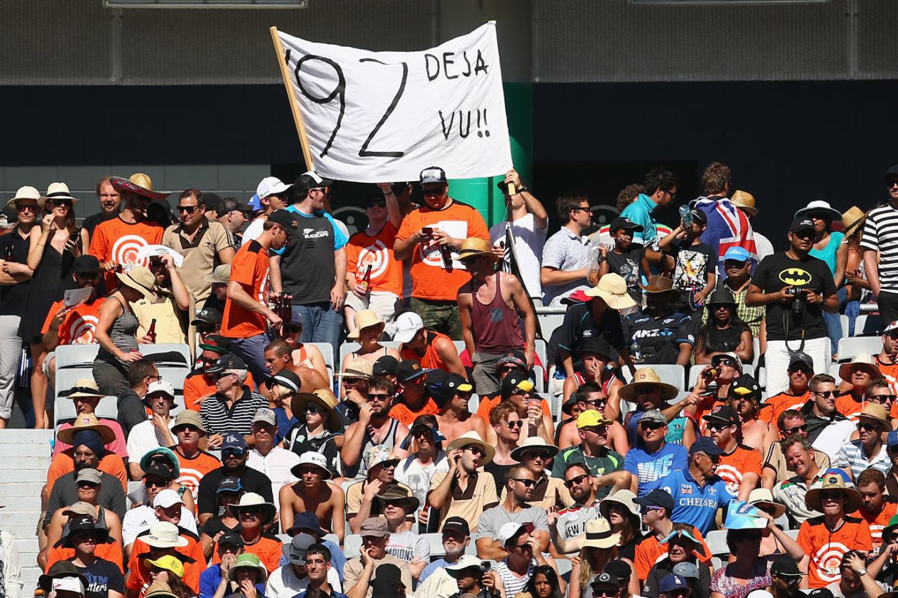 A banner recalling the opening game of the 1992 World Cup at Eden Park, New Zealand v Australia, World Cup 2015, Group A, Auckland, February 28, 2015