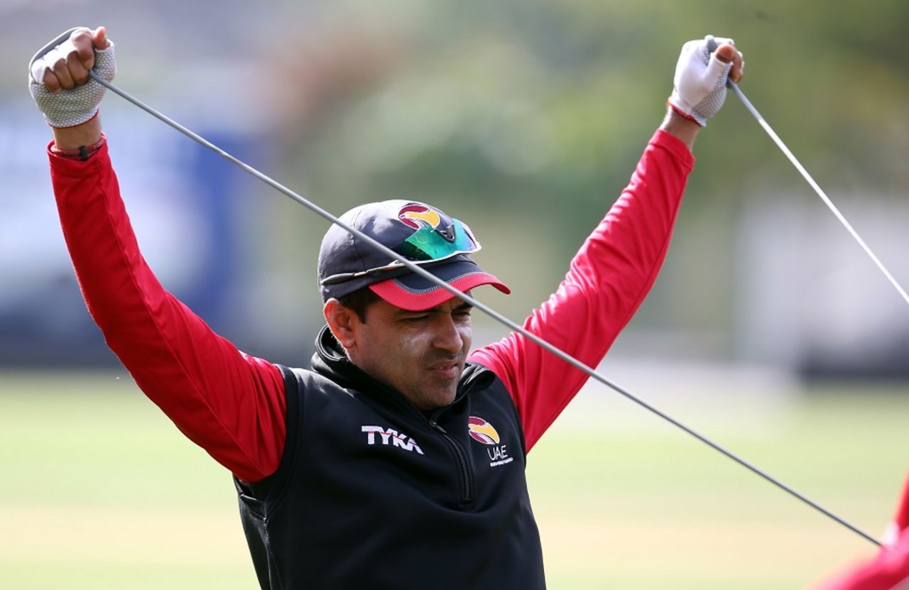 Khurram Khan stretches during a practice session, World Cup 2015, Napier, March 3, 2015