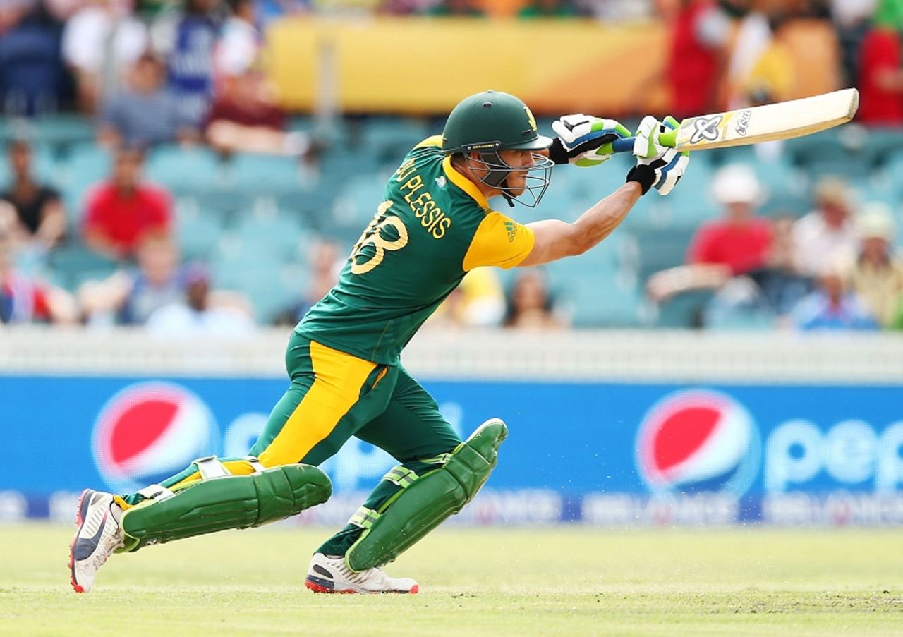 Faf du Plessis slices the ball through the off side,  Ireland v South Africa, World Cup 2015, Group B, Canberra, March 3, 2015