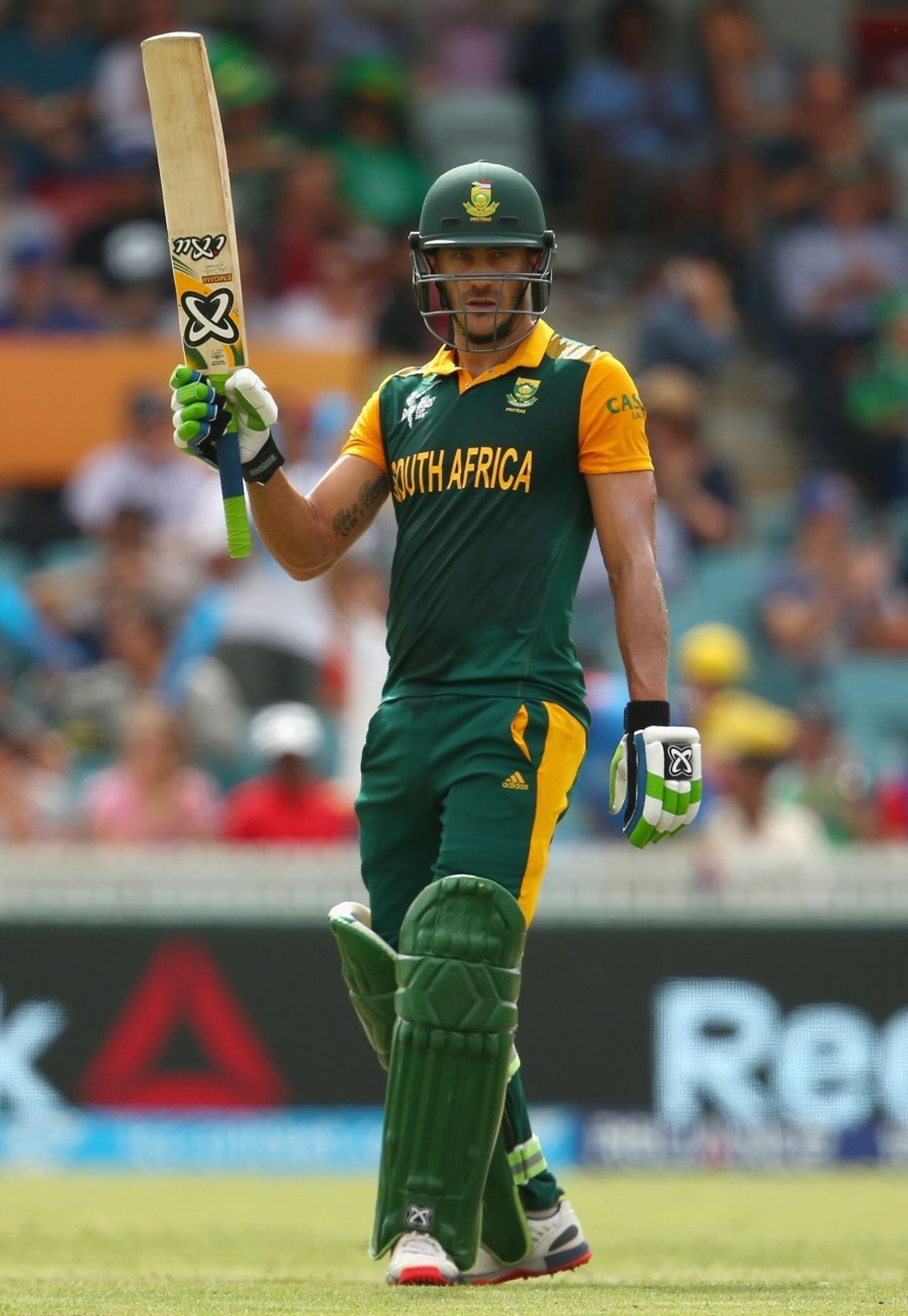 Faf du Plessis raises his bat after bringing up a fifty, Ireland v South Africa, World Cup 2015, Group B, Canberra, March 3, 2015